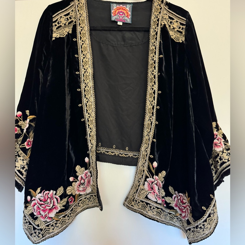 Johnny Was Black Velvet Jacket with Pink and Gold Embroidery